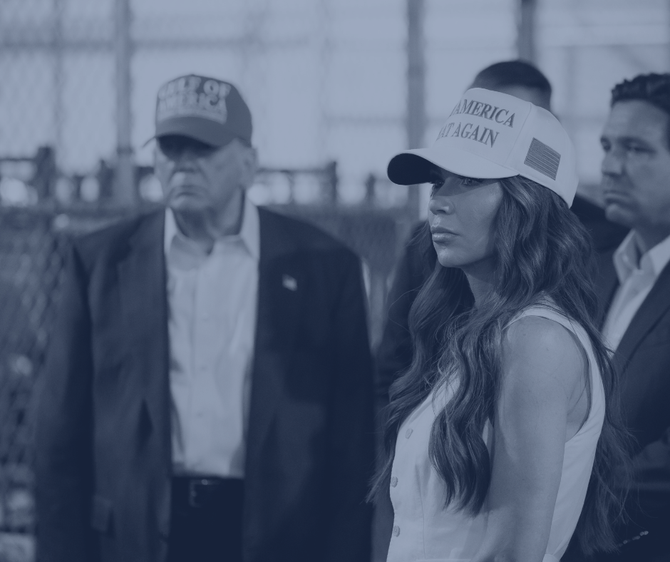 Image of President Donald Trump and Department of Homeland Security Sec. Kristi Noem at a detention facility.