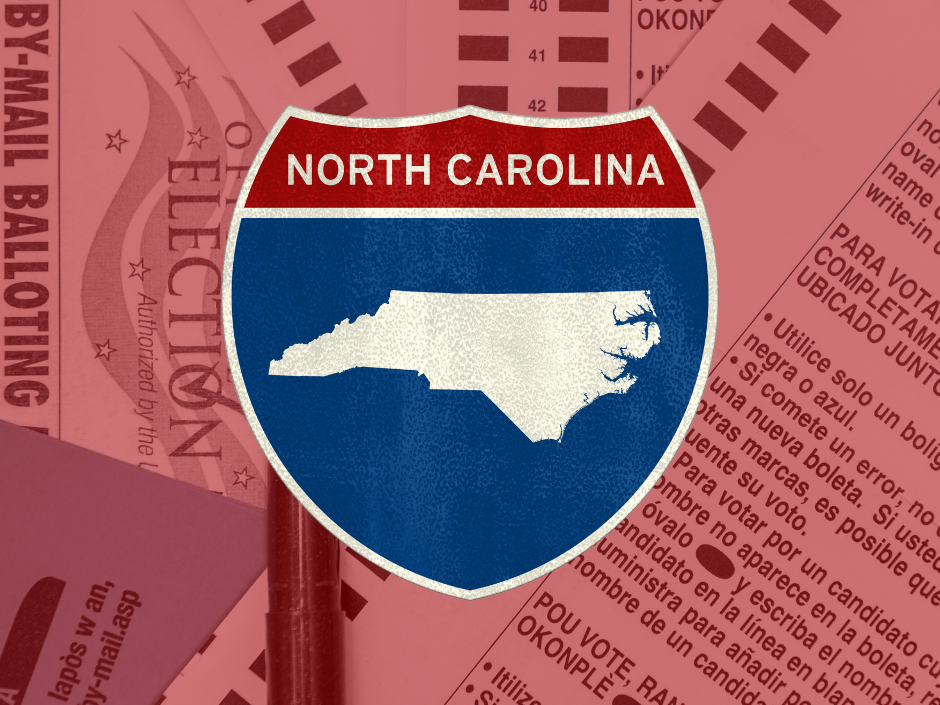 Road sign of North Carolina overlaid on a red background with paper ballots.