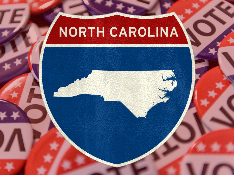 North Carolina map against background of voting buttons.