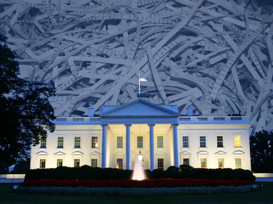 Image of the White House with shredded documents in the background.