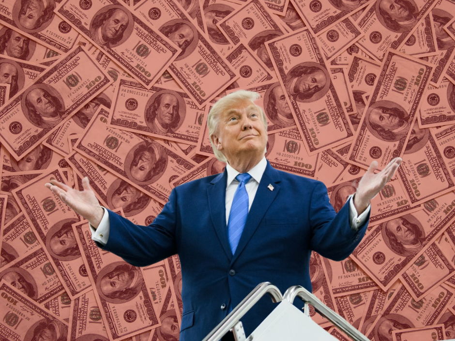 Image of Donald Trump with outstretched hands in front of a pile of money.