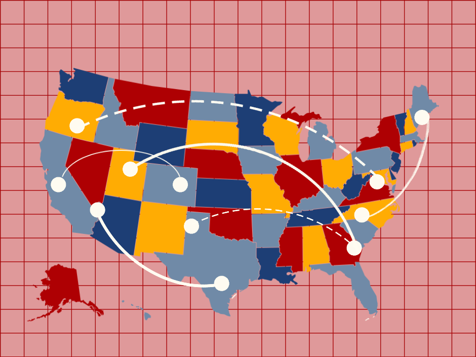 Image of a multi-colored map of the United States with nodes connected around the country.