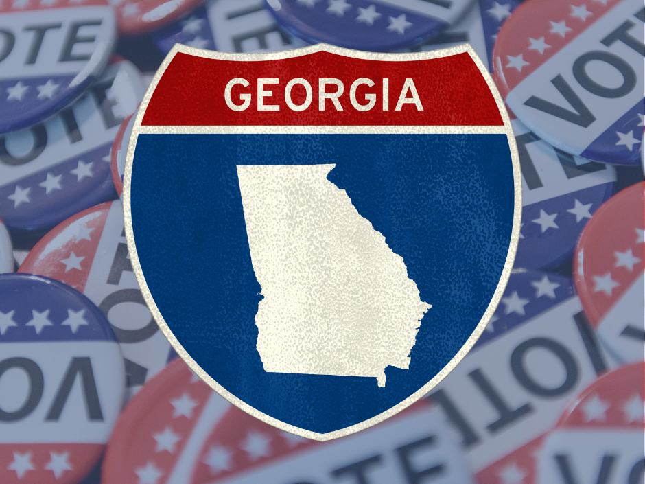 Image of the state of Georgia in front of a background of "VOTED" buttons.