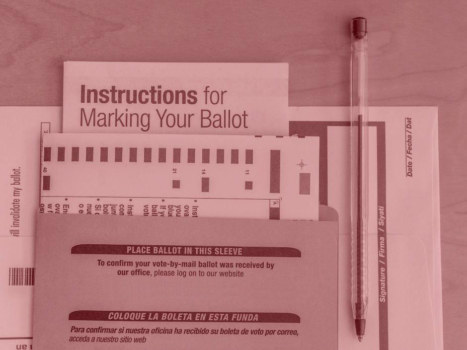 Image of a ballot with a pencil. There is a red filter over the image.